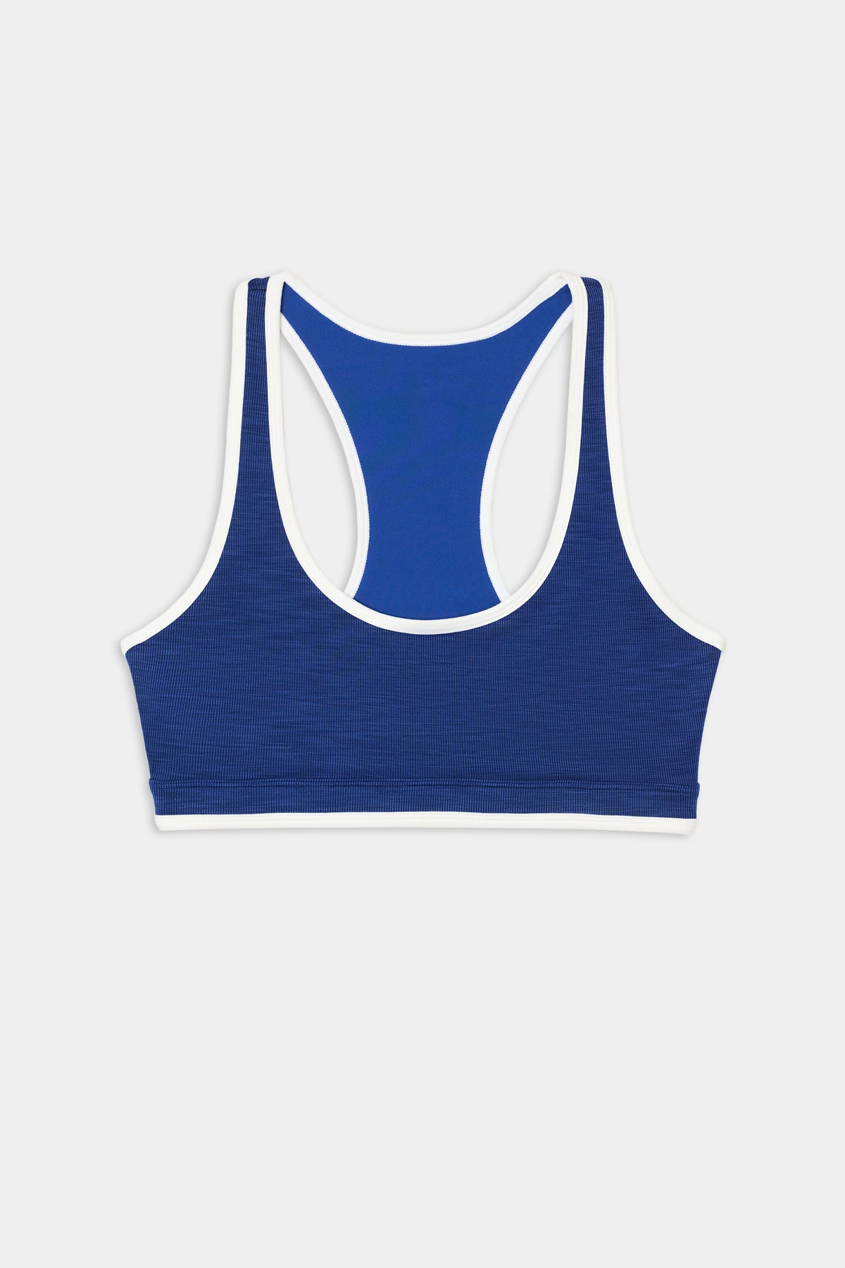 Hayley Active Rib Bra – Heather Cobalt/White flat lay