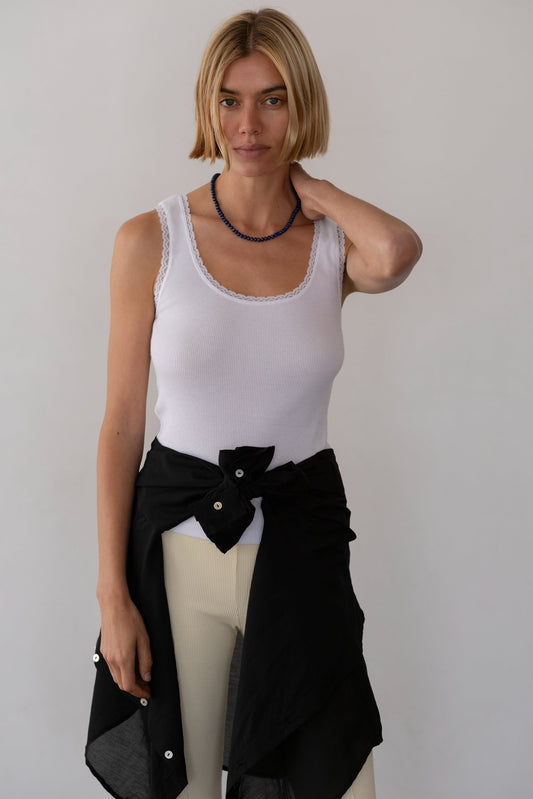 Vintage Rib Lace Tank - White